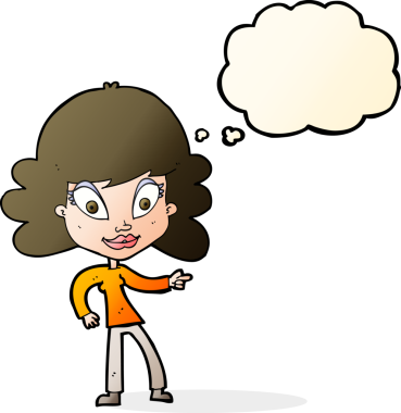 Bir insan tarafından çizilmiş düşünce balonuyla işaret eden çizgi film kadını.