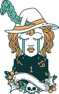 Retro Dövme Tarzı Ağlayan İnsan Druid karakteri Bir insan tarafından çizilmiş doğal bir D20 ruloyla