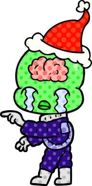 Büyük beyinli bir uzaylının ağladığı ve Noel Baba şapkası taktığı bir çizgi roman çizimi.