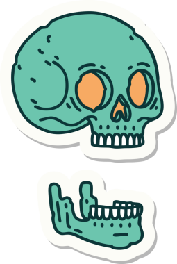 Bir insan tarafından çizilmiş bir kafatasının geleneksel stiliyle dövme çıkartması.