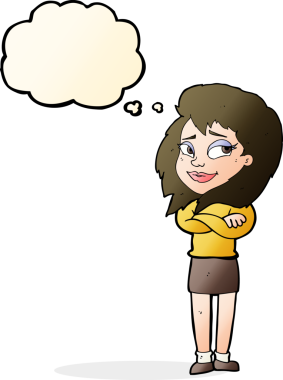 Bir insan tarafından çizilmiş düşünce balonlu çapraz kollu çizgi film kadını.