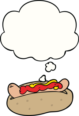 Bir insan tarafından çizilmiş düşünce balonlu sosisli sandviç.