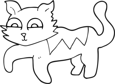 Bir insan tarafından çizilmiş siyah beyaz çizgi film kedisi.