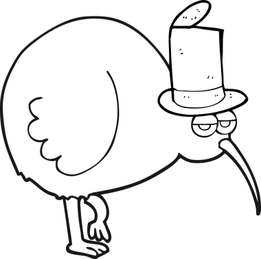 Bir insan tarafından çizilmiş siyah beyaz çizgi film kivi kuşu.