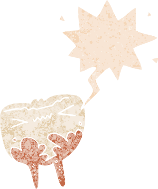 Kötü dişli çizgi film, konuşma baloncuğu ve grunge dertli eski moda bir insan tarafından çizilmiş.