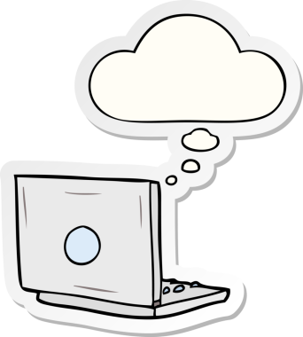 İnsan tarafından çizilmiş bir çıkartma olarak düşünce baloncuklu dizüstü bilgisayar.