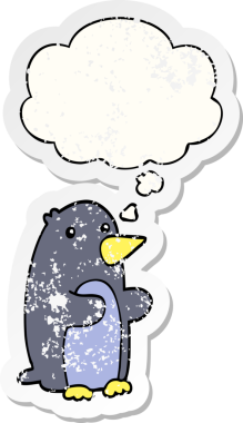 Düşünce baloncuğu olan karikatür pengueni insan tarafından çizilmiş yıpranmış bir çıkartma.