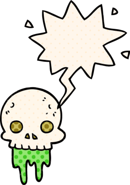 Bir insan tarafından çizilmiş çizgi roman tarzında konuşma baloncuğu olan tuhaf cadılar bayramı kafatası.