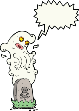 Bir insan tarafından çizilmiş konuşma balonuyla mezardan yükselen karikatür hayaleti.