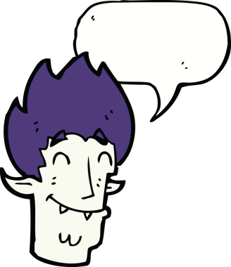 Bir insan tarafından çizilmiş konuşma balonlu mutlu vampir kafası.