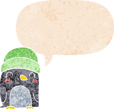 Grunge 'da konuşma baloncuğu olan sevimli çizgi film pengueni bir insan tarafından çizilmiş tedirgin, desenli bir resim.