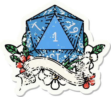 Bir insan tarafından çizilmiş doğal bir d20 zarının grunge çıkartması.