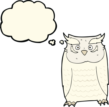 Bir insan tarafından çizilmiş düşünce baloncuklu çizgi film baykuşu