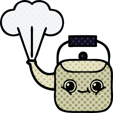 Bir insan tarafından çizilmiş dumanı tüten bir çaydanlığın çizgi romanı.