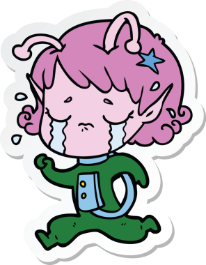 Bir insan tarafından çizilmiş ağlayan uzaylı bir kızın çıkartması.