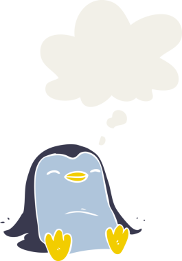 Düşünce baloncuğu olan bir penguen insan tarafından çizilmiş.