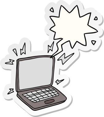 Bir insan tarafından çizilmiş konuşma balonu çıkartmalı dizüstü bilgisayar.