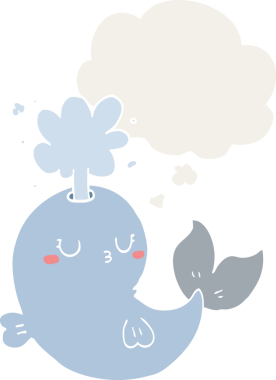 Bir insan tarafından çizilmiş düşünce baloncuğuyla su püskürten çizgi film balinası.