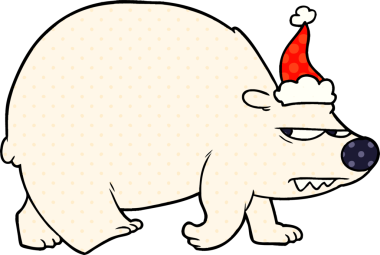 Bir insan tarafından çizilmiş Noel Baba şapkası giymiş kızgın bir kutup ayısının el çizimi çizgi roman çizimi.