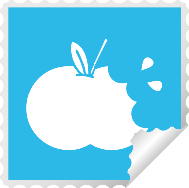 Bir insan tarafından çizilmiş sulu bir elmanın kare soyulmuş etiket karikatürü