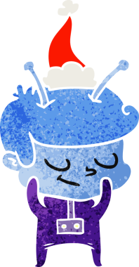 Bir insan tarafından çizilmiş Noel Baba şapkası giymiş bir uzay adamı çizilmiş utangaç el çizimi.