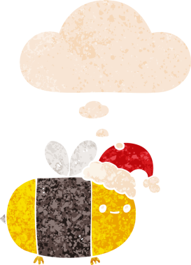 Karikatür noel arısı grunge 'da düşünce baloncuğu olan sıkıntılı eski moda bir insan tarafından çizilmiş.