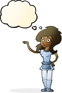 Bir insan tarafından çizilmiş düşünce kabarcığı olan güzel bir garson kız.