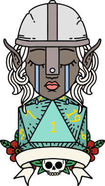 Retro Dövme Tarzı Ağlayan Elf Savaşçısı karakteri yüzü ve bir insan tarafından çizilmiş D20 rulosu.