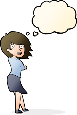 Bir insan tarafından çizilmiş düşünce balonlu mutlu kadın çizgi filmi.