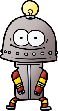 Bir insan tarafından çizilmiş ampullü mutlu karton robot.