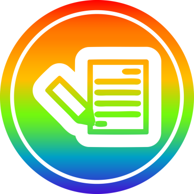 belge ve kalem dairesel simgesi gökkuşağı gradyanı bir insan tarafından çizilmiş