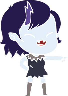 Bir insan tarafından çizilmiş düz renkli vampir kız çizimi ve gülüşü.