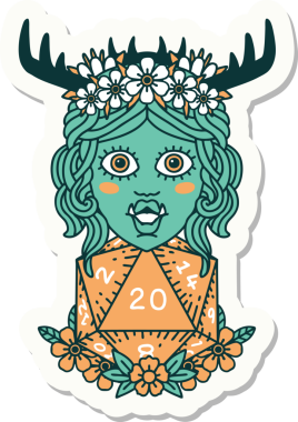 Bir insan tarafından çizilmiş 20 zarlı yarı ork Druid çıkartması.