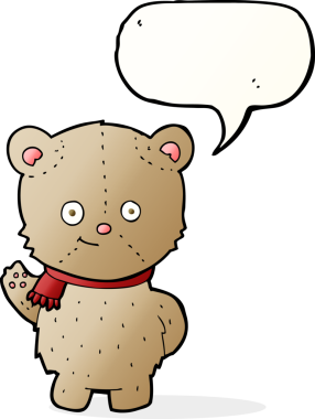 Bir insan tarafından çizilmiş konuşma balonuyla el sallayan çizgi film ayısı.