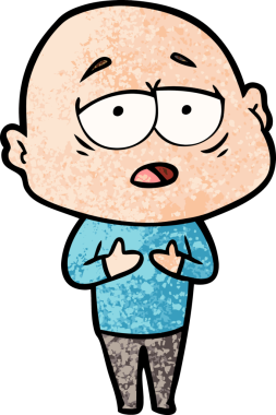 Bir insan tarafından çizilmiş yorgun, kel bir adam.