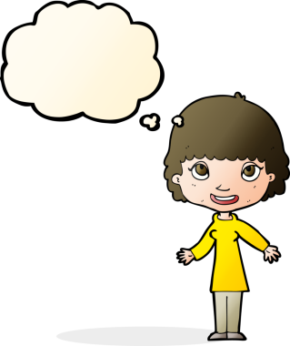 Bir insan tarafından çizilmiş düşünce balonlu mutlu kadın çizgi filmi.