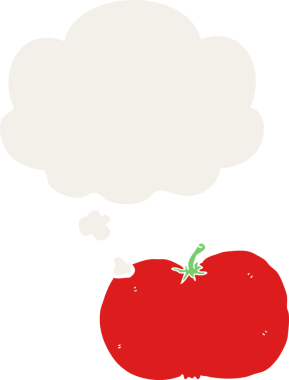 Düşünce baloncuklu karikatür domatesi insan tarafından çizilmiş.