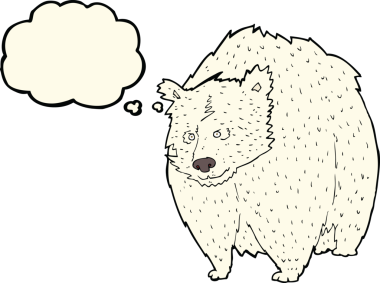 Bir insan tarafından çizilmiş düşünce baloncuklu dev bir kutup ayısı çizgi filmi.