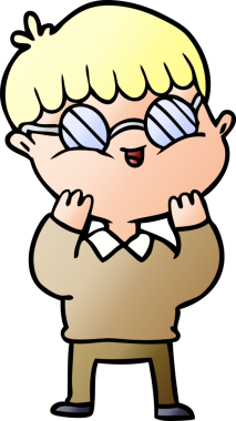 Bir insan tarafından çizilmiş gözlük takan çizgi film çocuğu.