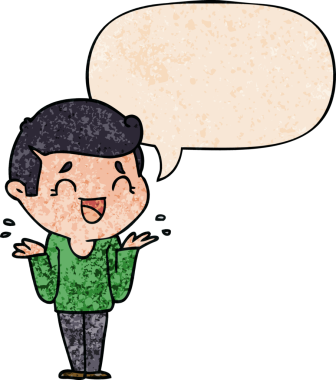 Bir insan tarafından çizilmiş eski tarz konuşma baloncuğuyla gülen bir çizgi film.