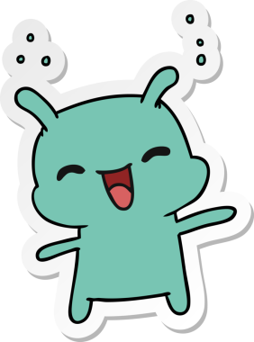 Etiket karikatür çizimi: kawaii sevimli mutlu uzaylı bir insan tarafından çizilmiş.