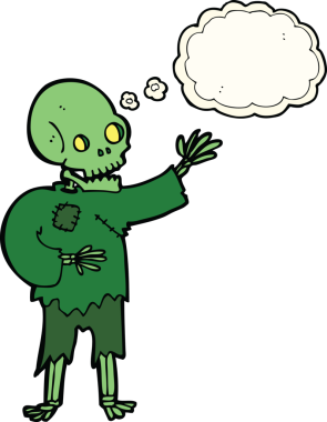 Bir insan tarafından çizilmiş düşünce baloncuğuyla sallanan karikatür iskeleti.