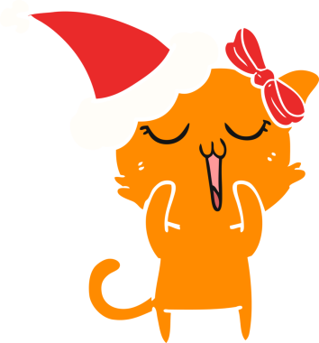 Bir insan tarafından çizilmiş Noel Baba şapkası takan bir kedinin düz renk çizimi.