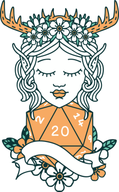 Retro Dövme Tarzı Elf Druid Bir insan tarafından çizilmiş doğal yirmi zar ile