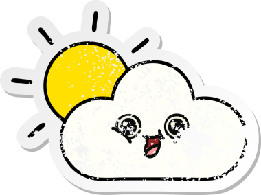 Sevimli bir karikatür bulutunun sıkıntılı çıkartması ve bir insan tarafından çizilmiş güneş ışığı