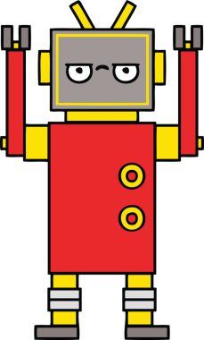 Sinirli bir robot insan tarafından çizilmiş şirin bir karikatür.