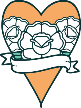 İkonik dövme stili bir kalp ve bir insan tarafından çizilmiş çiçekli pankart.