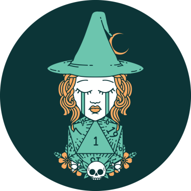 Ağlayan insan cadı ikonu ve bir insan tarafından çizilmiş bir D20 zar.