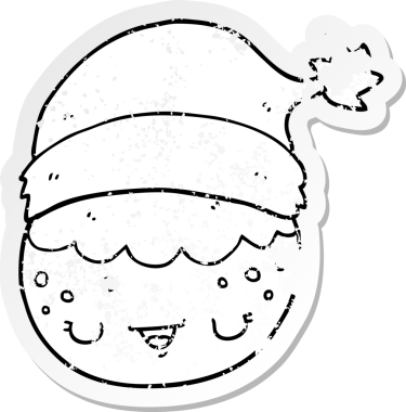 Bir insan tarafından çizilmiş Noel Baba şapkası takan karikatür etiketi.