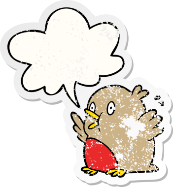 Heyecanlı robin üzerine çizgi film. Konuşma baloncuğu. Bir insan tarafından çizilmiş sıkıntılı eski bir çıkartma.